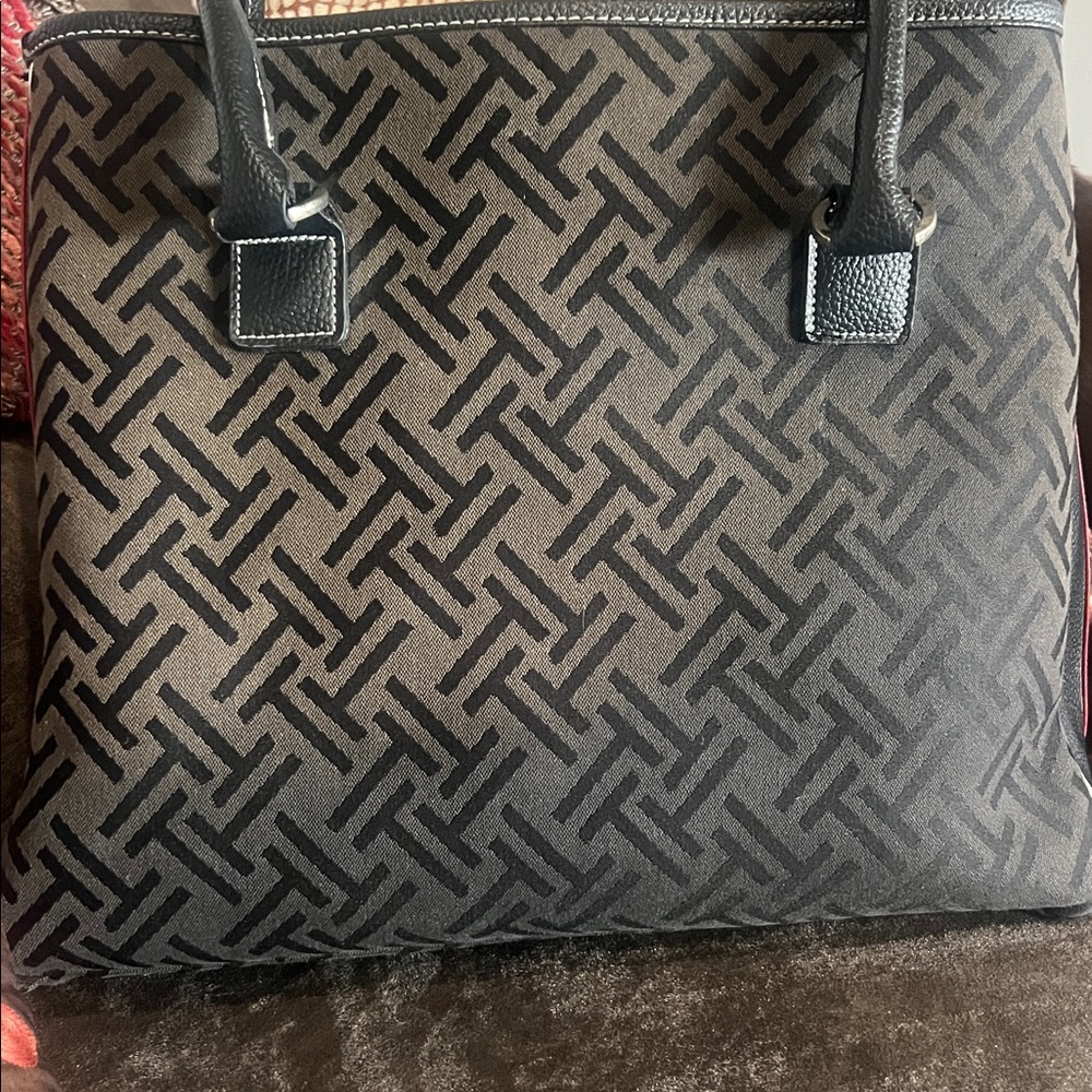 Designer-Inspired Black Tote with Purple and Red Stripe Accents - Picture 3 of 12